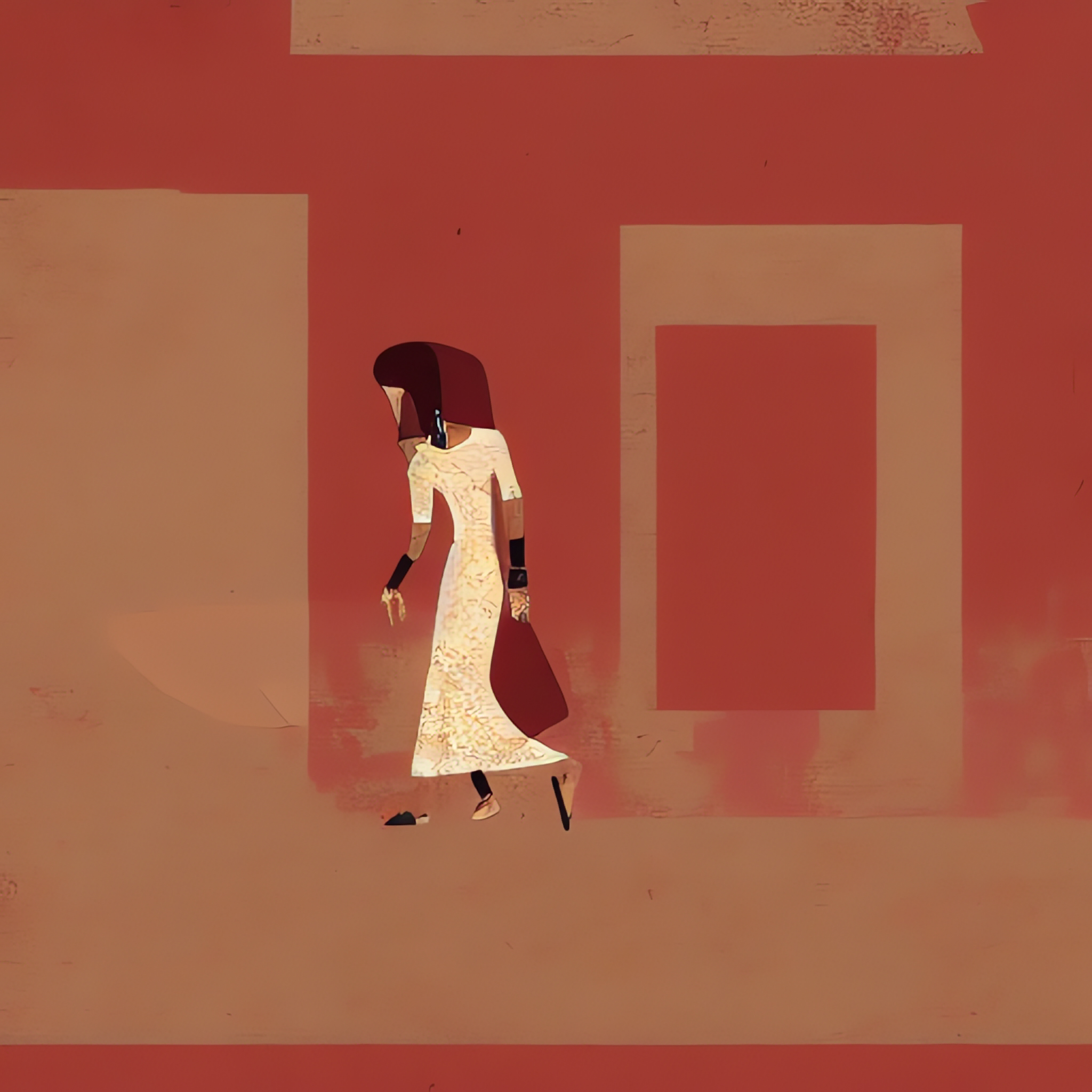  Terms: minimalist style, two-tone red and beige Silhouette of one walking female, blank background, Egyptian Style Wall painting 